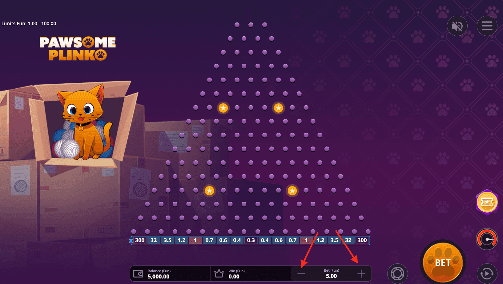 Set your bet – use the – / + next to Bet to choose the stake per ball